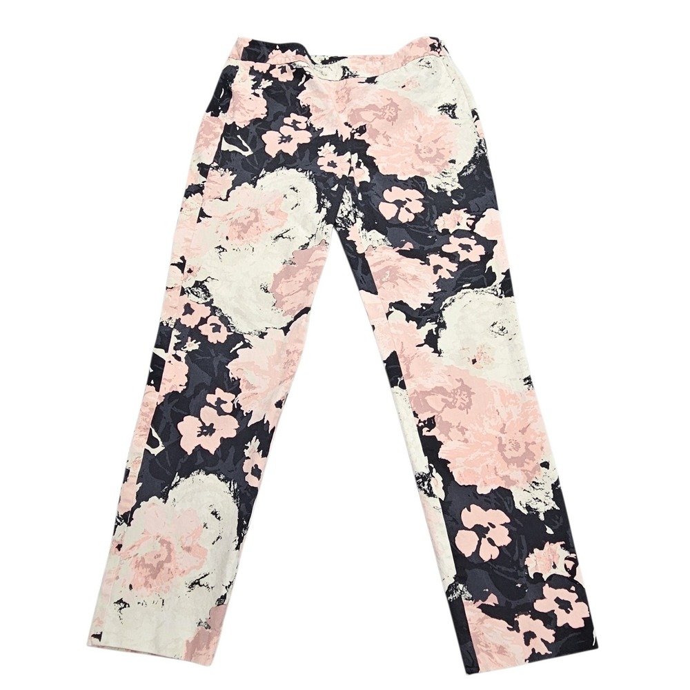 Talbots Chatham Ankle Pants Size 6 Pink Black Ivory Floral Print Side Zip